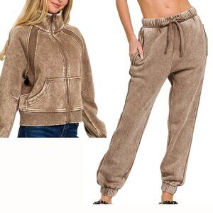 Acid Wash Zip Up Fleece Jacket and Joggers Set